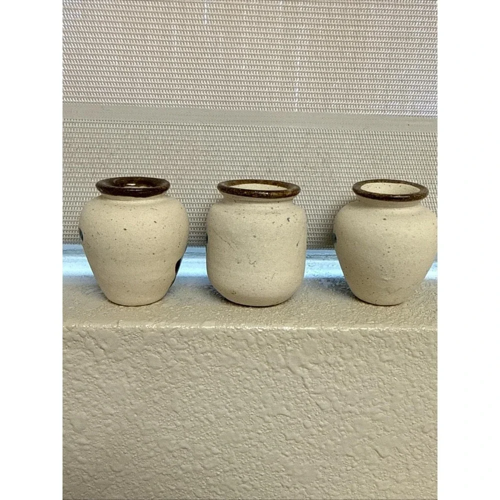 Set of 3 Vintage Tonala Mini Pottery Bud Vases Hand Painted Flowers-Mexico